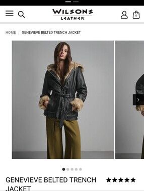 Wilsons Leather Black Trench Jacket with Tan Shearling Trim